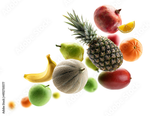 Fototapeta Naklejka Na Ścianę i Meble -  Fresh fruits levitate on a white background
