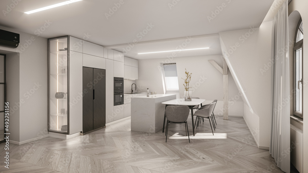 Interior of modern white apartment. Comfortable living room in the attic, 3D rendering