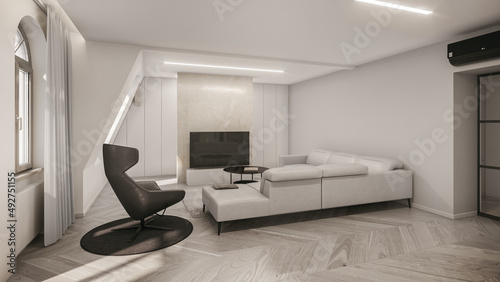 Interior of modern white apartment. Comfortable living room in the attic, 3D rendering