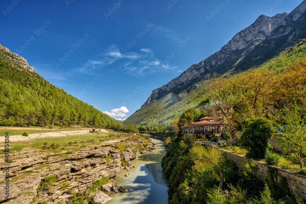 Beautiful mountain valley with gentle hills and river Beautiful mountain valley with gentle hills and river