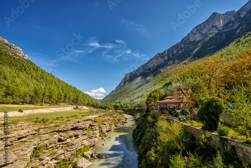 Beautiful mountain valley with gentle hills and river