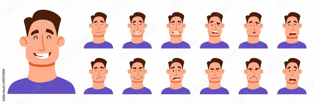 A set of different emotions of a handsome man. A handsome man with different facial expressions. Vector illustration in cartoon style