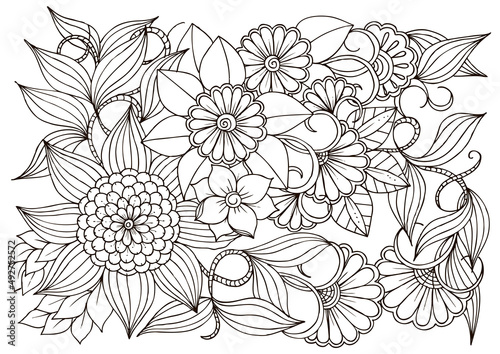 Black and white flower pattern for adult coloring book.