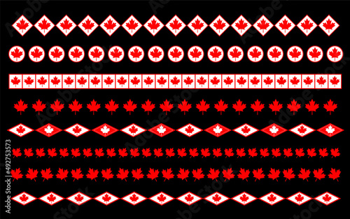 Canadian flag symbols decorative banner border divider stripe set. 
