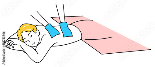 うつ伏せに寝て気持ちよさそうに垢すりエステを受けている可愛い男性 シンプル イラスト ベクター
Cute guy lying on his stomach and getting a nice scrubbing beauty treatment. Simple Illustration Vector