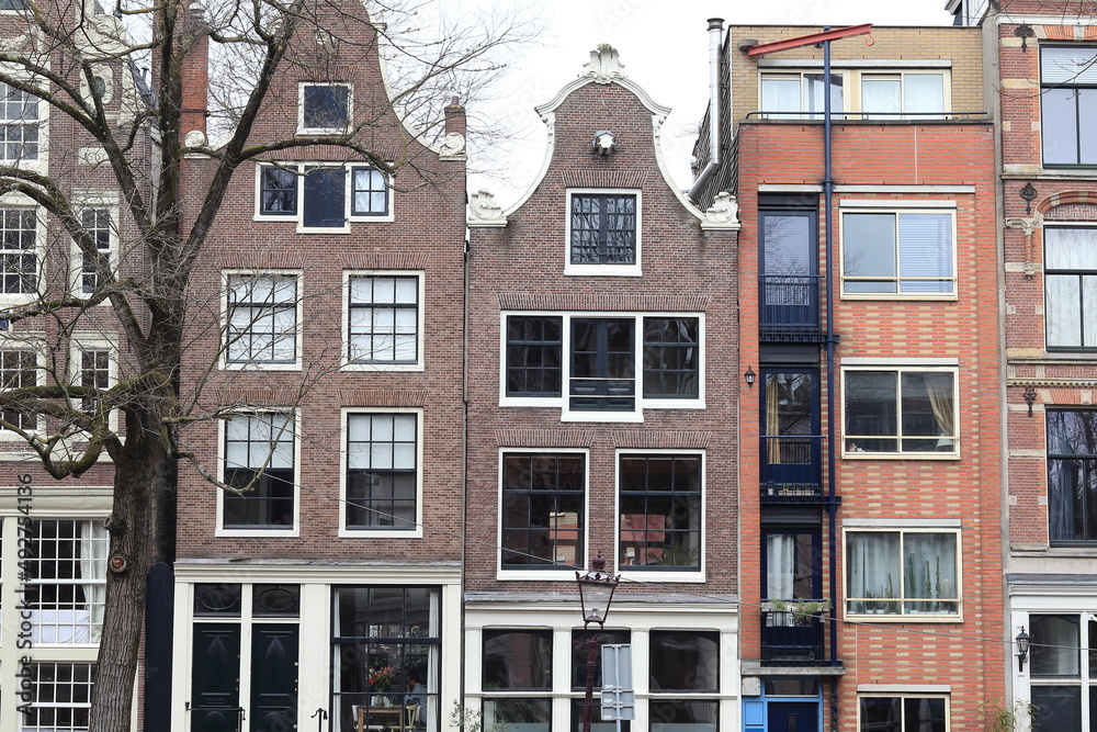 Amsterdam Prinsengracht Canal House Facades with Bell Gables Close Up, Netherlands