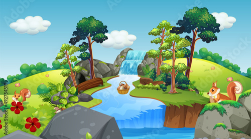 Scene with squirrels by waterfall