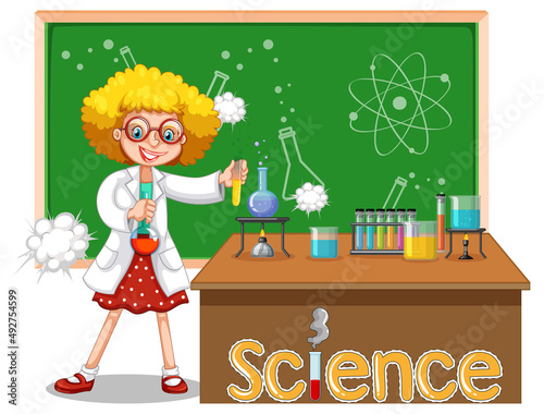 Scientist woman cartoon character with laboratory equipments