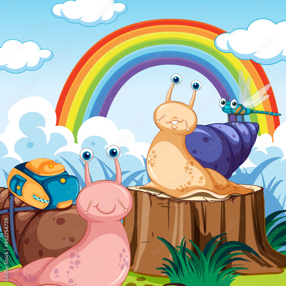 Naklejka premium Flower field with cartoon snails and dragonfly