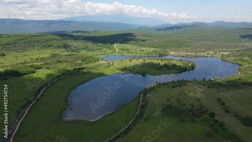 Aerial view of Upper Gabra lake at Lozenska Mountain, Sofia Region, Bulgaria photo