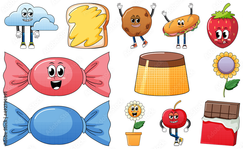 Fototapeta premium Set of facial expression with vintage style food cartoon on white background