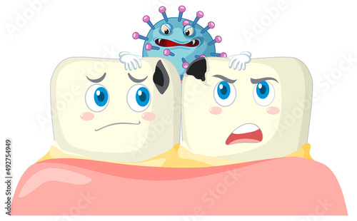 Cartoon teeth decay with bacteria on white background