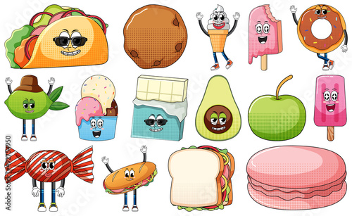 Set of facial expression with vintage style food cartoon on white background