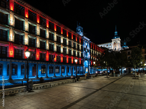The grand Central Government building at the Plaza Zocodover in Toledo at night, Spain. photo