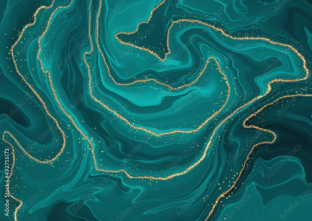 Turquoise liquid marble design background with gold elements Stock