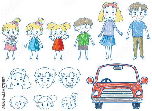 A paper with a doodle design of family and car with color