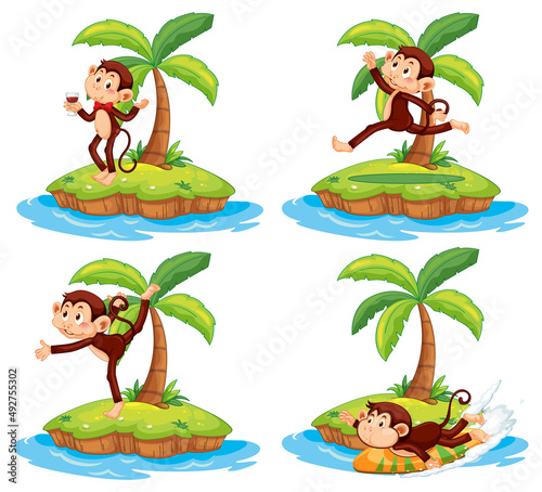 Set of different isolated islands with monkey cartoon characters