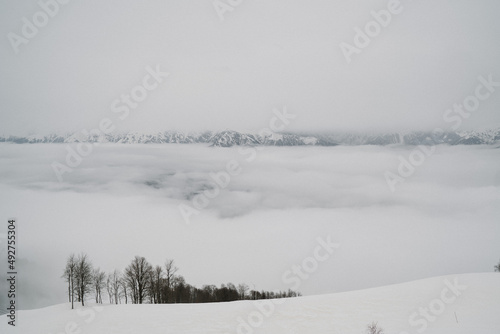 Part of the lift up the mountain, winter cloudy day with fog. © Nikita Zasypkin