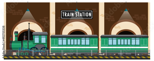 Train station scene with steam locomotive