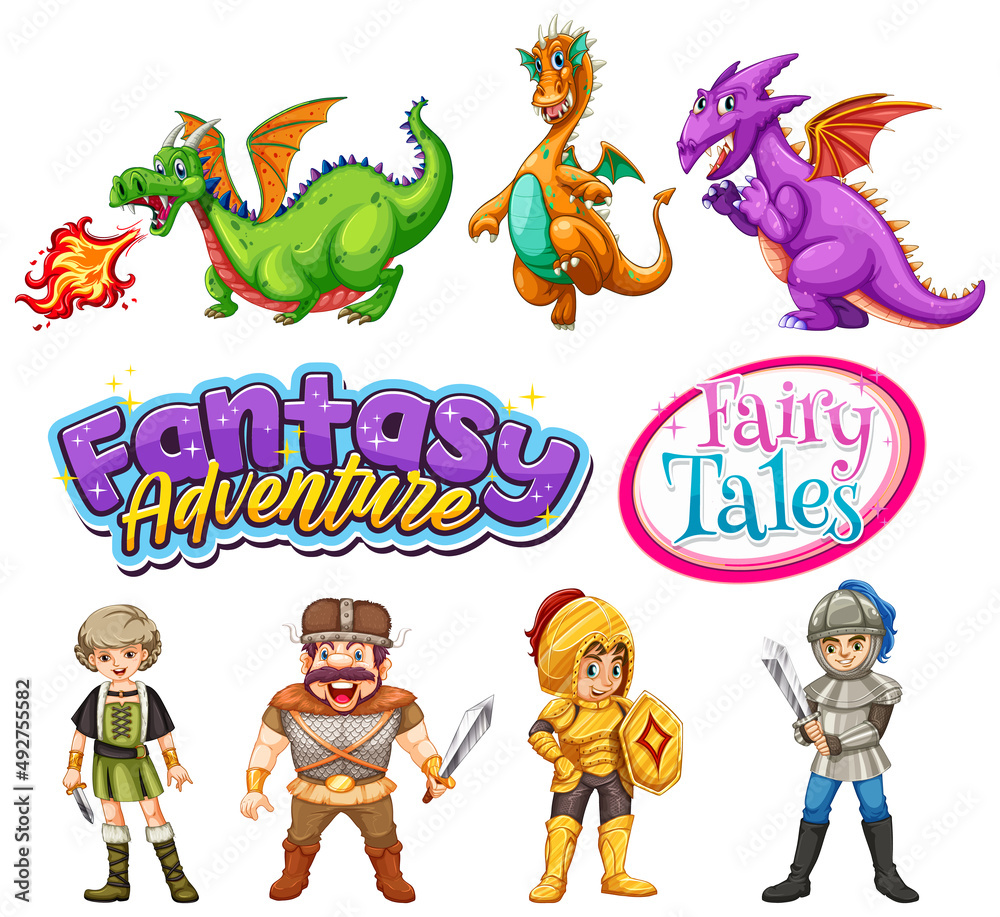 Fototapeta premium Set of dragons and fairy tale cartoon characters