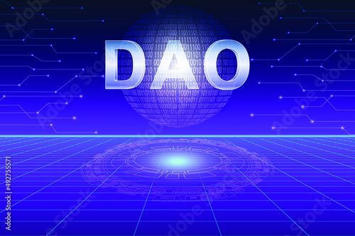 DAO, Decentralized autonomous organization concept design. Earth globe composed of digital 1 and 0 on futuristic environmental background.