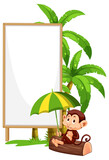 Blank wooden signboard with monkey catoon