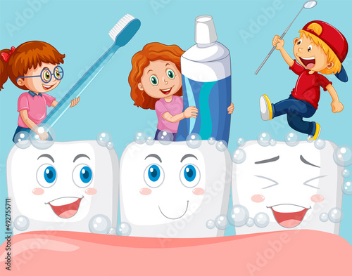 Happy little boy and girls cleaning big happy teeth on blue background