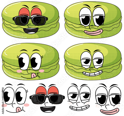 Set of facial expression vintage style cartoon with macaron on white background