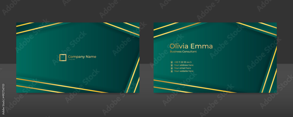 Modern simple luxury dark green and gold business card design template ...