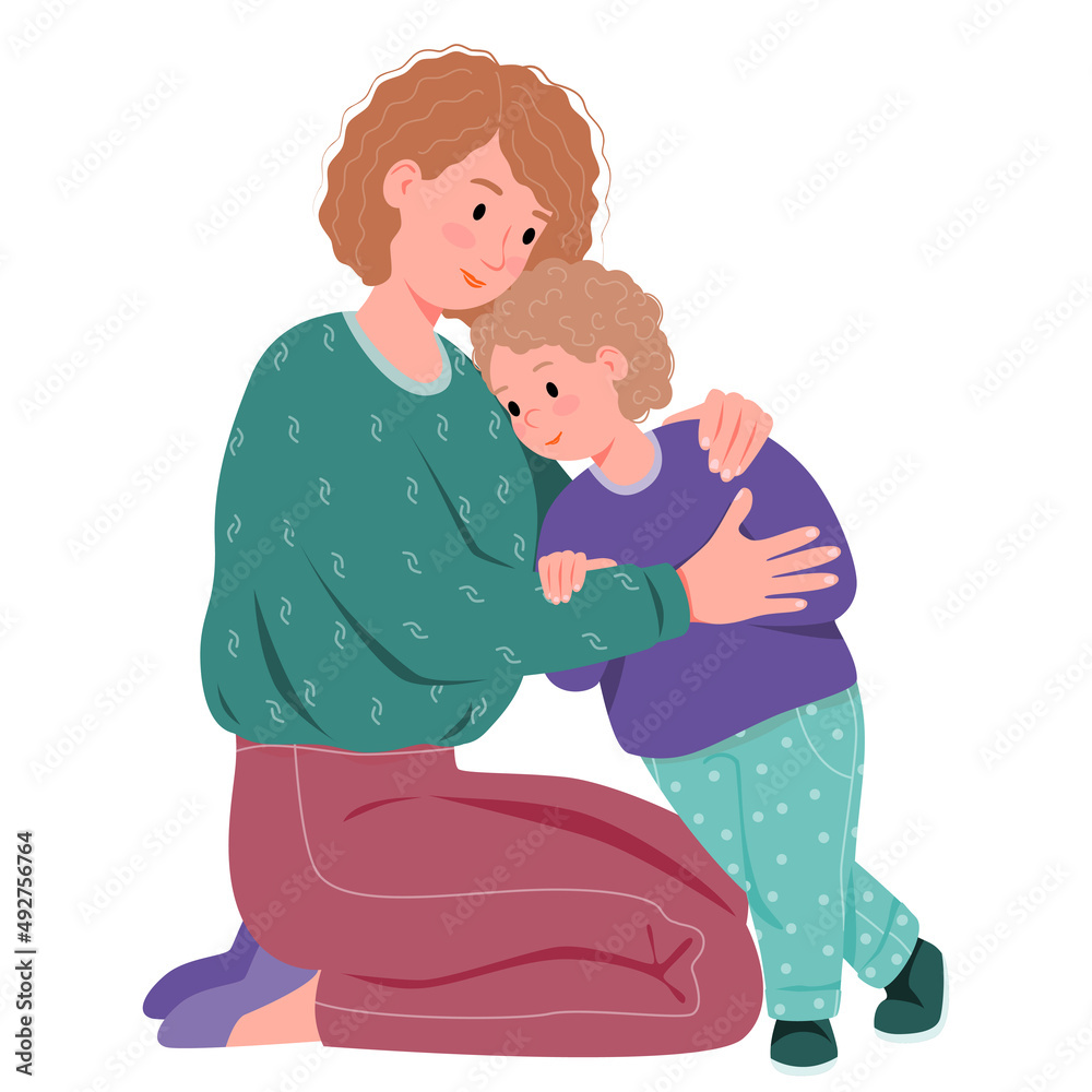 Mother and child. Mom hugs her son with great love and tenderness. Mom  talking to baby. Cartoon flat isolated vector design. Stock Vector | Adobe  Stock