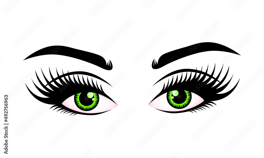 Woman's sexy greenish eyes with perfectly shaped eyebrows and lashes. Intense eyes of girl vector isolated. Woman's sexy greenish eyes with perfectly shaped eyebrows and lashes. Intense eyes of girl vector isolated.
