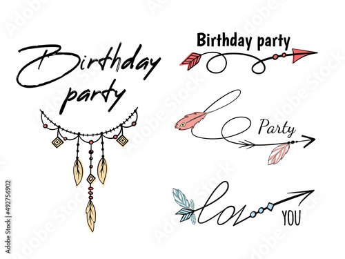 Lettering happy birthday in boho style on a watercolor background. Modern calligraphy phrase with hand drawn arrows and feather. Hippie quotes collection.