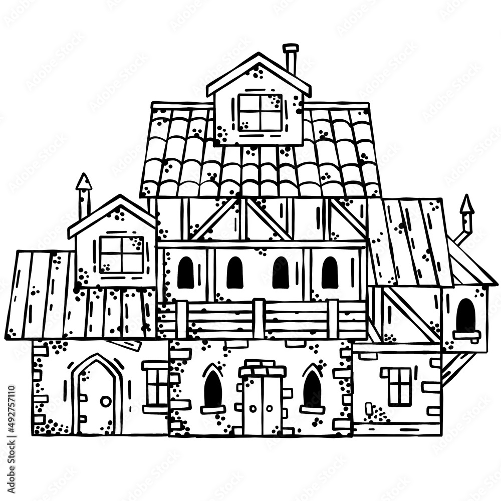 Medieval house. Village building. Old house with chimney. Black and white sketch image of street. Cartoon retro illustration