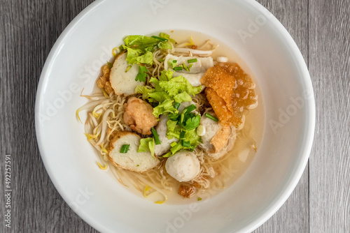 Fish ball noodles from the top view that looks appetizing