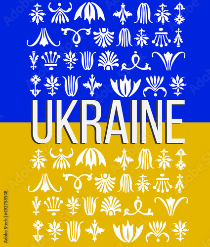 Flag of the country of Ukraine with white letters and ornaments 
Poster The territory of the state of Ukraine on a black background