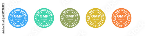 GMP Good Manufacturing Practice certified round badge stamp on white background