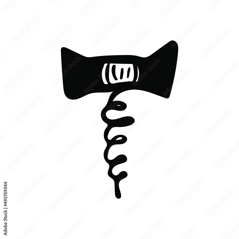 Bottle corkscrew vector sketch icon. Hand drawn glass element. Summer party bar sign. 