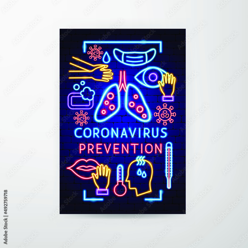 Fototapeta premium Coronavirus Prevention Neon Flyer. Vector Illustration of Pandemic Promotion.