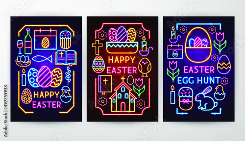 Easter Neon Flyer Concepts. Vector Illustration of Holiday Promotion.