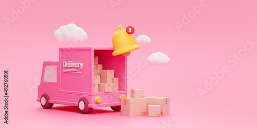 Shipment delivery by truck and Parcels box or Cardboard boxes with bell notification delivery transportation logistics concept on pink background 3d rendering illustration