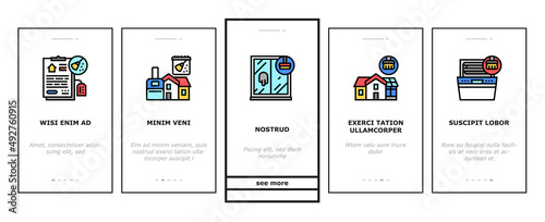 Cleaning Building And Equipment Onboarding Mobile App Page Screen Vector. Regular Cleaning Apartment And House Room, Bbq Grill Kitchen Tool, Clean Carpet Curtains With Appliance Line. Illustrations