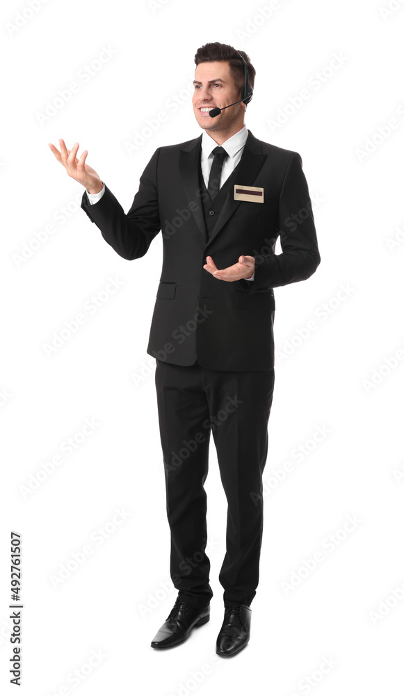 Full length portrait of receptionist with headset on white background Full length portrait of receptionist with headset on white background