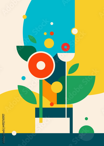 Abstract poster with flowers in vase. Creative still life.
