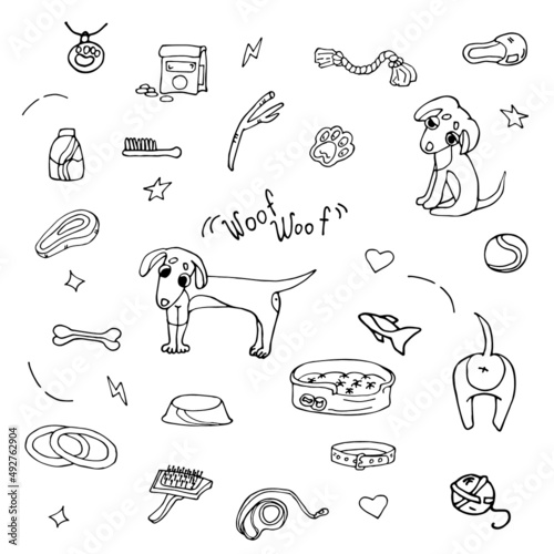 Set of icons of dogs, and dog accessories. Collar, leash, food, toys for dogs, bed, dog care. Hand drawn doodle style illustration isolated on white background.