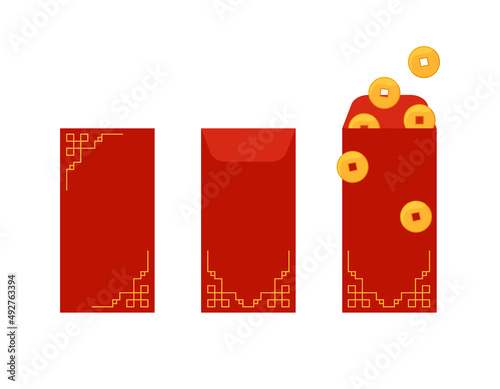 Hongbao red envelopes set. Vector collection of Chinese festive gifts isolated. Traditional envelope with coins, money for Chinese New Year, birthday, wedding and other holidays. Flat illustration