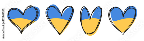 Ukraine hand-drawn hearts flags vector set. Isolated Ukraine peace heart symbols with flag colors. Love concept. Flat creative design. Vector illustration.