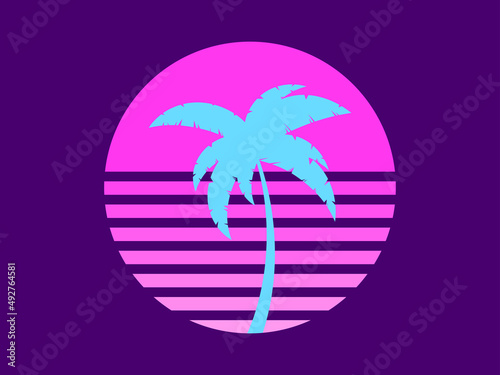 Palm tree in 80s style at sunset. Summer time. Blue palm against the background of the pink sun, synthwave style. Design for advertising brochures and banners. Vector illustration