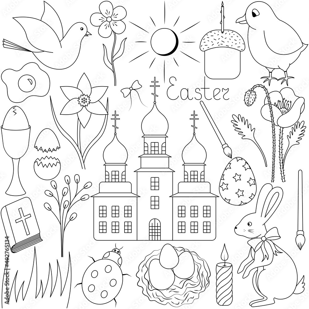 Easter set. Sketch. Spring symbols. Vector illustration. Doodle style. Coloring book. Holiday collection. Dove, daffodil, church, easter egg, hare. Bright Easter. Outline on isolated background. 