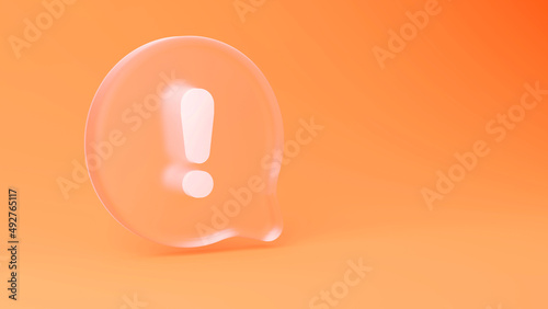 Attention sign in glassmorphism style on orange background 3d render