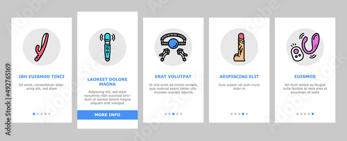 Sex Toy And Sexy Accessories Onboarding Mobile App Page Screen Vector. Vagina And Penis, Vibrator And Dildo Anal And Vaginal Masturbation Sex Toy, Handcuff Ring, Facial Mask Condom . Illustrations